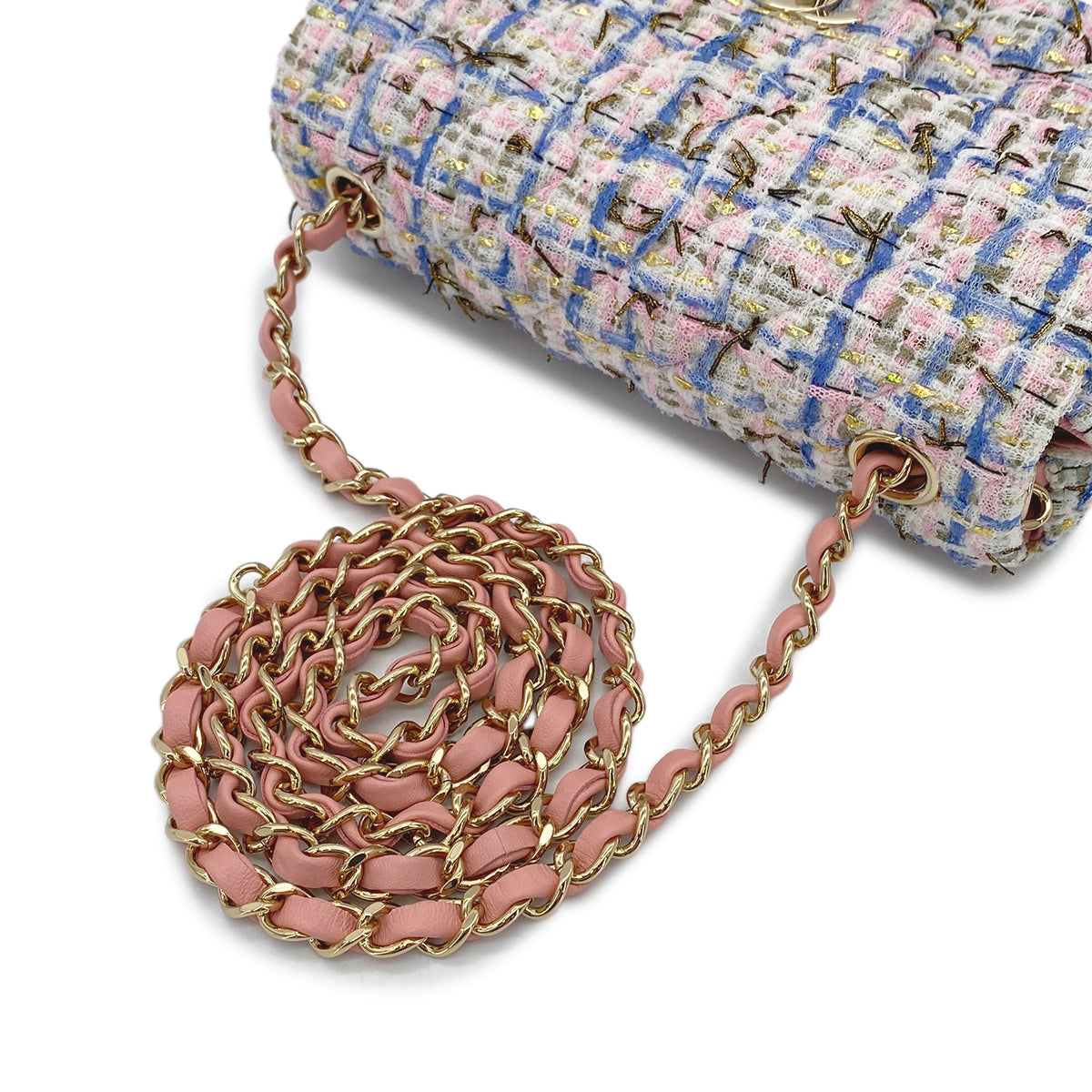 CHANEL MATELASSE TWEED CHAIN SHOULDER BAG PINK BLUE COTTON LEATHER 90289365