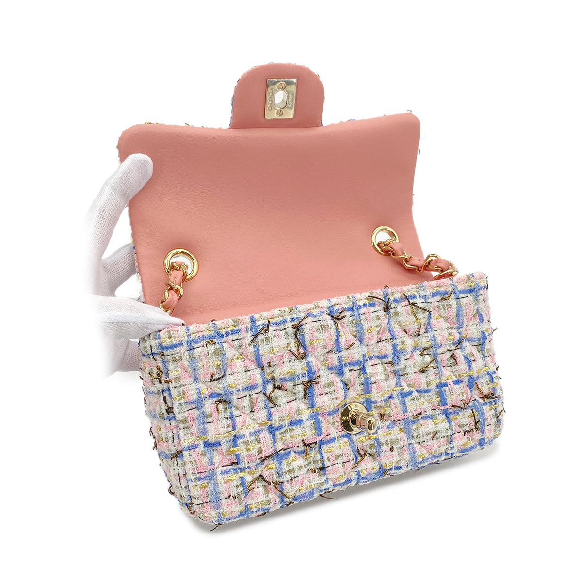 CHANEL MATELASSE TWEED CHAIN SHOULDER BAG PINK BLUE COTTON LEATHER 90289365