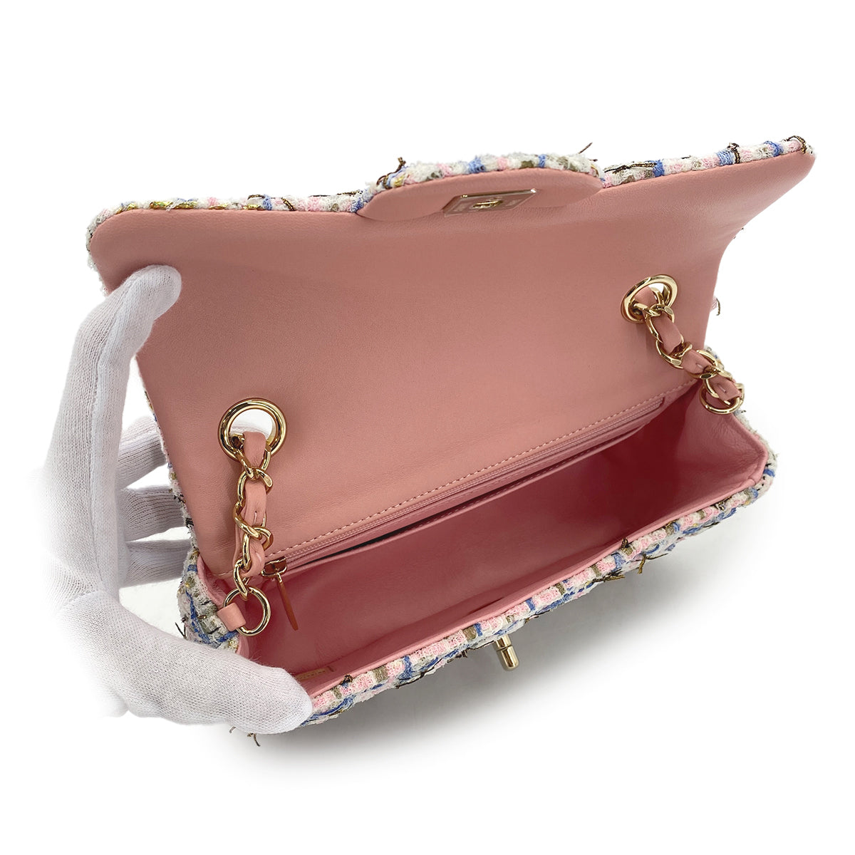 CHANEL MATELASSE TWEED CHAIN SHOULDER BAG PINK BLUE COTTON LEATHER 90289365