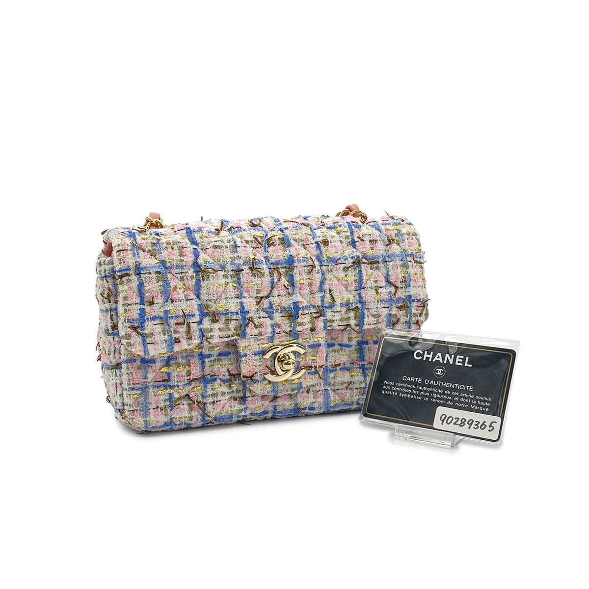 CHANEL MATELASSE TWEED CHAIN SHOULDER BAG PINK BLUE COTTON LEATHER 90289365