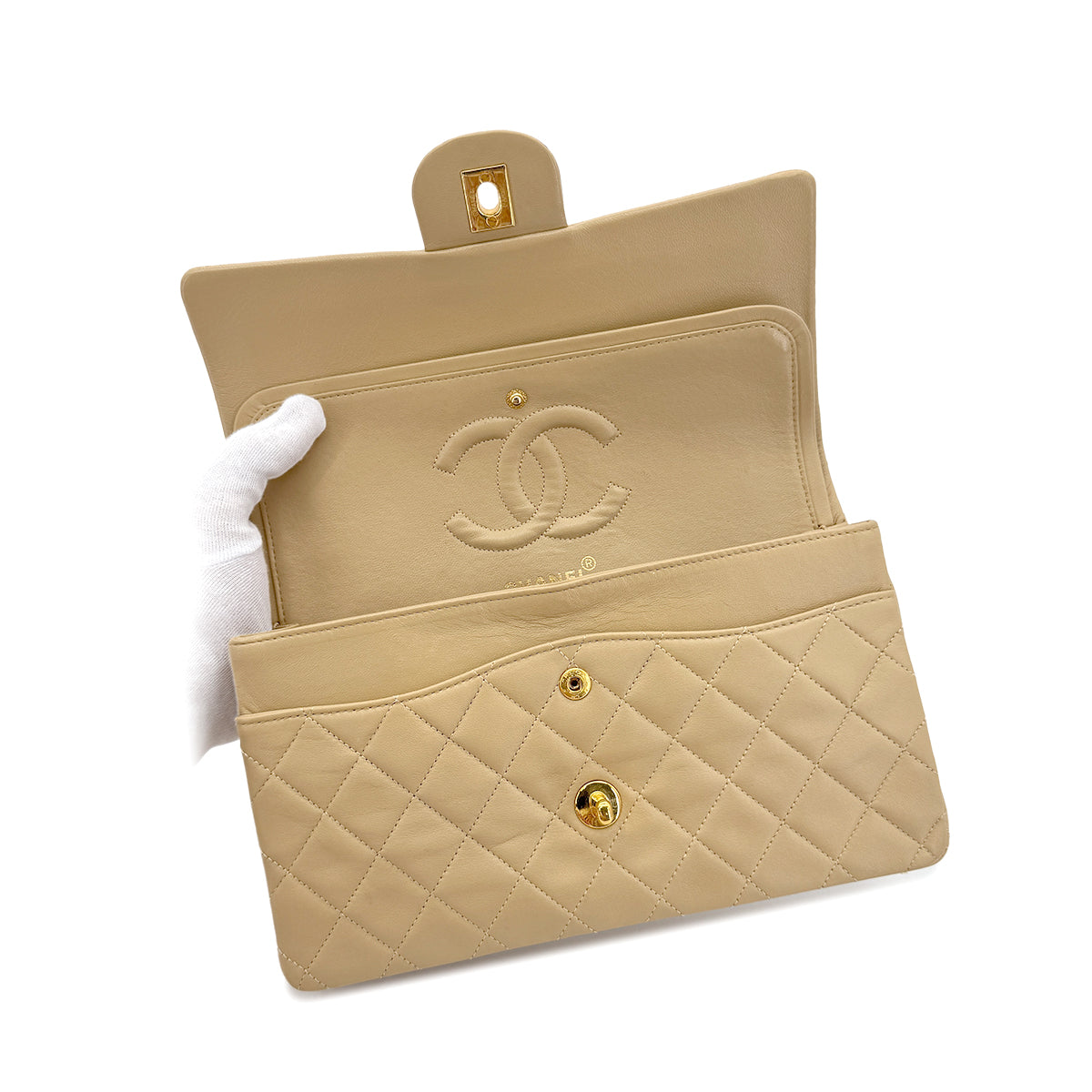 CHANEL VINTAGE CLASSIC FLAP MEDIUM CHAIN SHOULDER BAG BEIGE LAMB SKIN 90289537