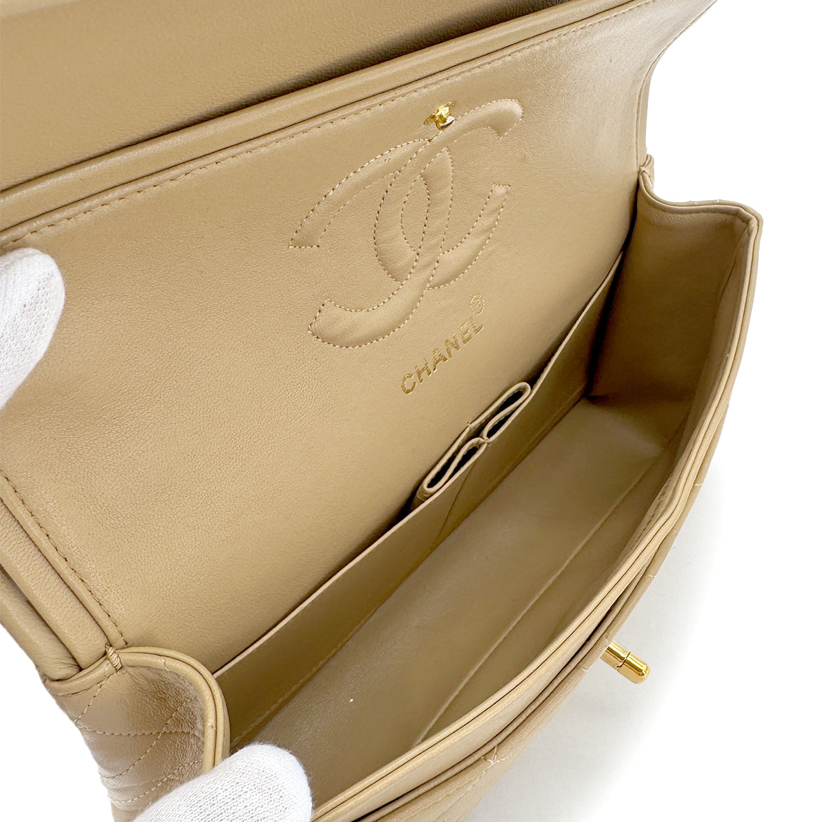 CHANEL VINTAGE CLASSIC FLAP MEDIUM CHAIN SHOULDER BAG BEIGE LAMB SKIN 90289537