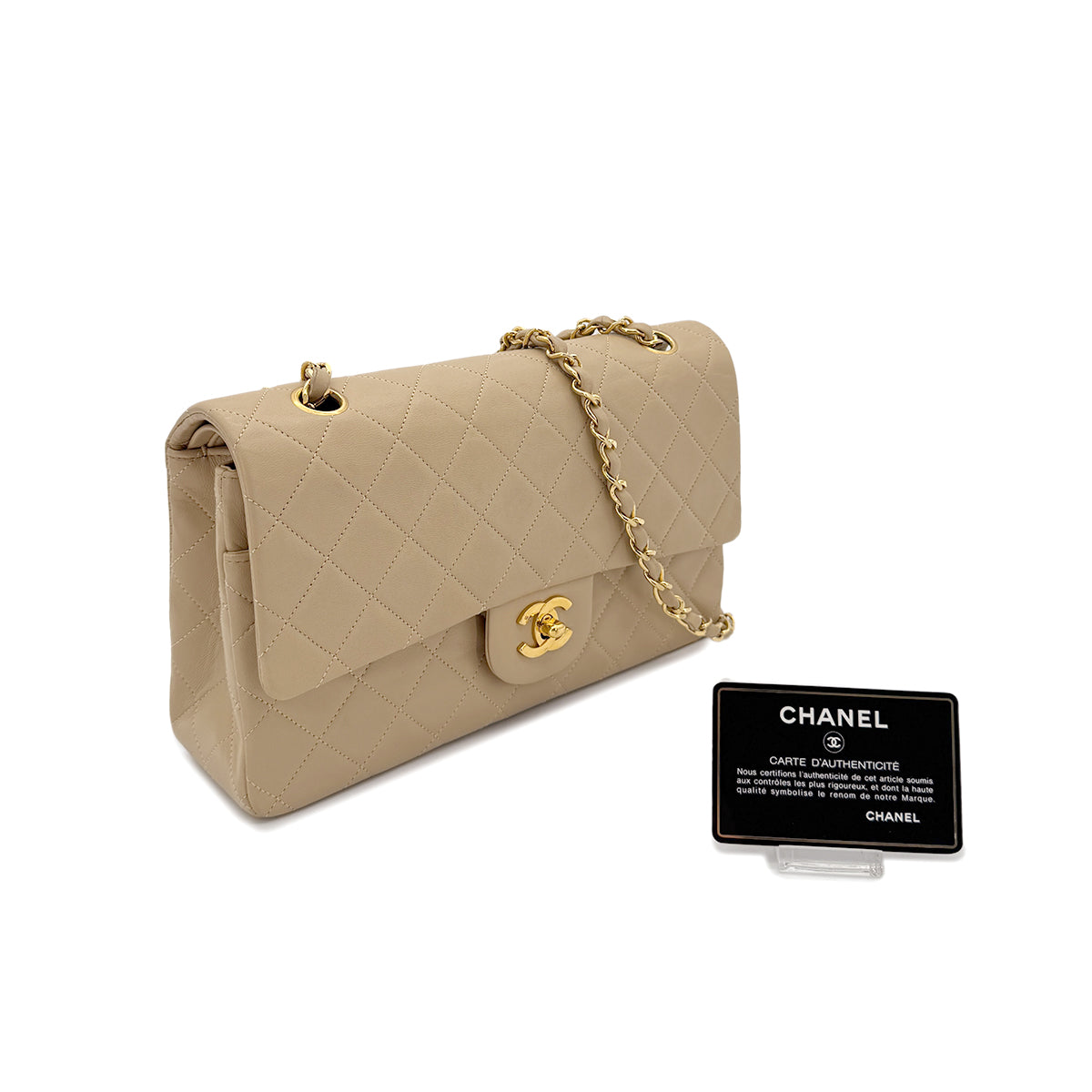 CHANEL VINTAGE CLASSIC FLAP MEDIUM CHAIN SHOULDER BAG BEIGE LAMB SKIN 90289537