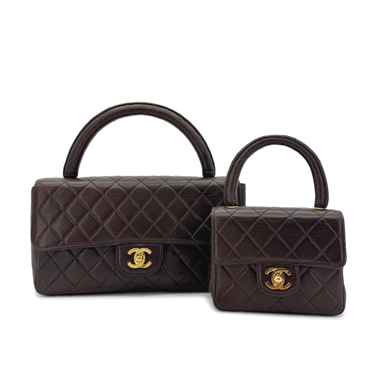 CHANEL VINTAGE PARENT-CHILD MATELASSE HAND BAG BROWN LAMB SKIN 90289541