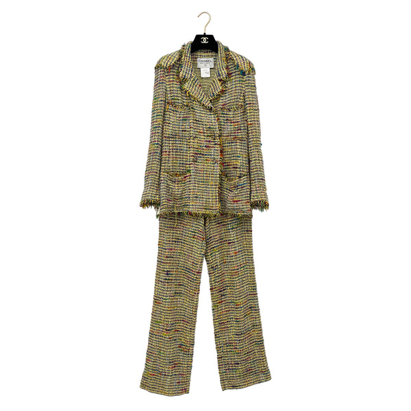 CHANEL VINTAGE TWEED COCO BUTTON JACKET PANTS SET MULTICOLOR ACRYLIC 36 98P RTW 90289564