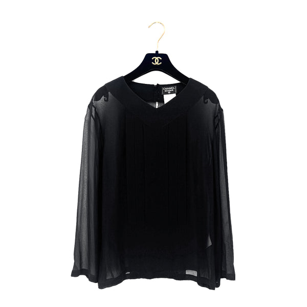 CHANEL VINTAGE SEE-THROUGH BLOUSE BACK COCO BUTTON BLACK SILK 36 98A RTW 90289565