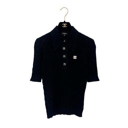 CHANEL COCOMARK COCO LOGO BUTTON SHORT SLEEVE TOPS BLACK COTTON 34 P63 RTW 90289571
