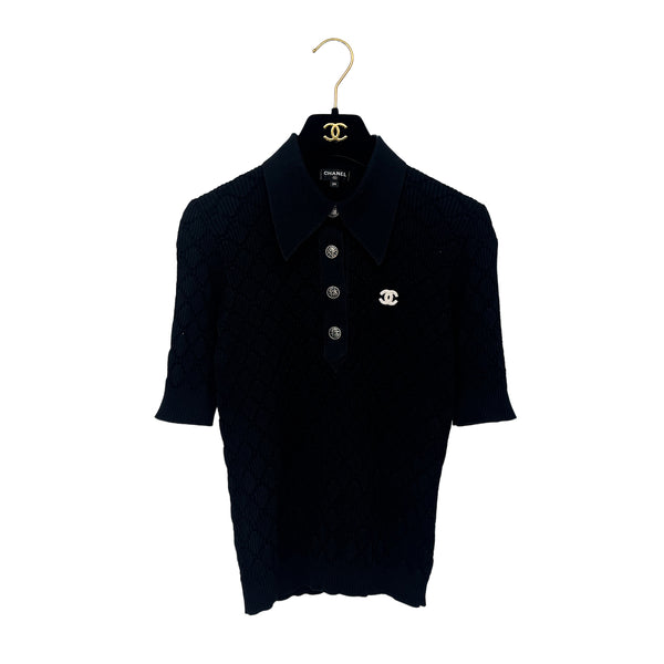 CHANEL COCOMARK COCO LOGO BUTTON SHORT SLEEVE TOPS BLACK COTTON 34 P63 RTW 90289571