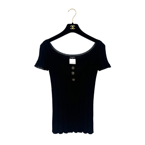 CHANEL COCO BUTTON SHORT SLEEVE KNIT TOPS BLACK COTTON 36 07P RTW 90289572