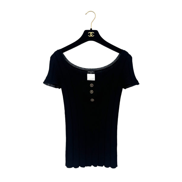 CHANEL COCO BUTTON SHORT SLEEVE KNIT TOPS BLACK COTTON 36 07P RTW 90289572