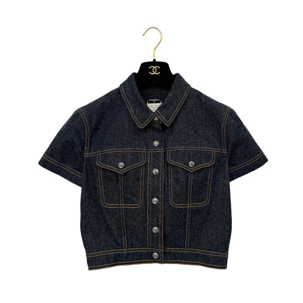 CHANEL VINTAGE COCO BUTTON DENIM SHORT JACKET NAVY COTTON 40 E97 RTW 90289573