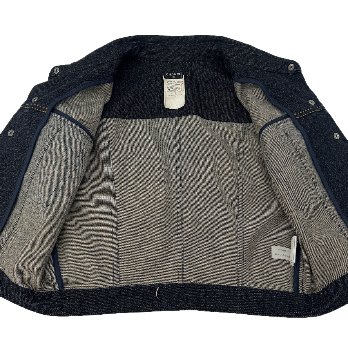 CHANEL VINTAGE COCO BUTTON DENIM SHORT JACKET NAVY COTTON 40 E97 RTW 90289573