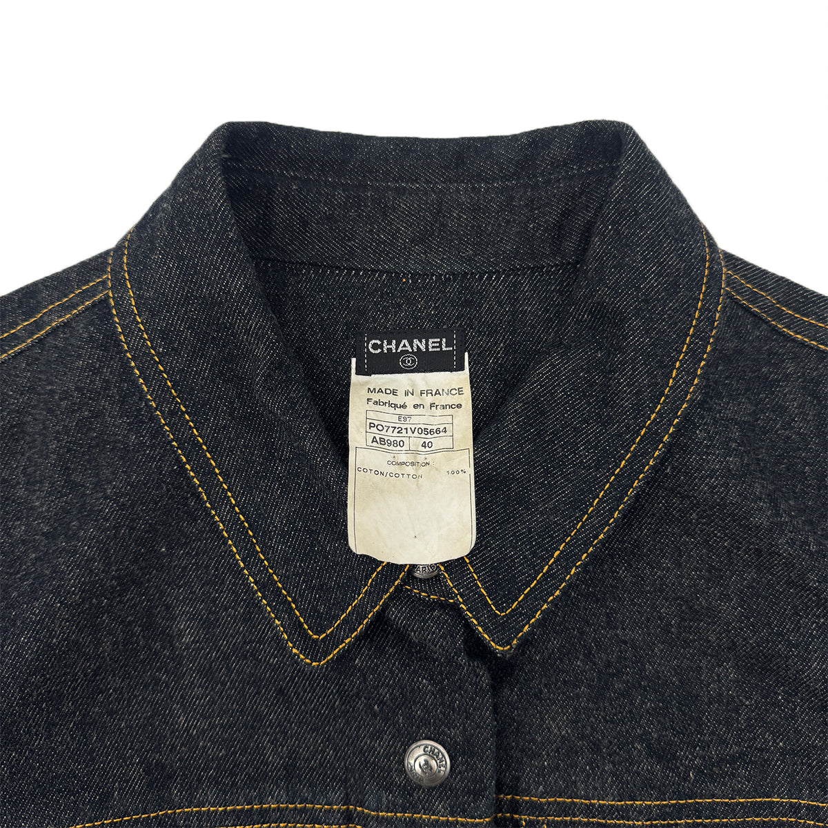 CHANEL VINTAGE COCO BUTTON DENIM SHORT JACKET NAVY COTTON 40 E97 RTW 90289573