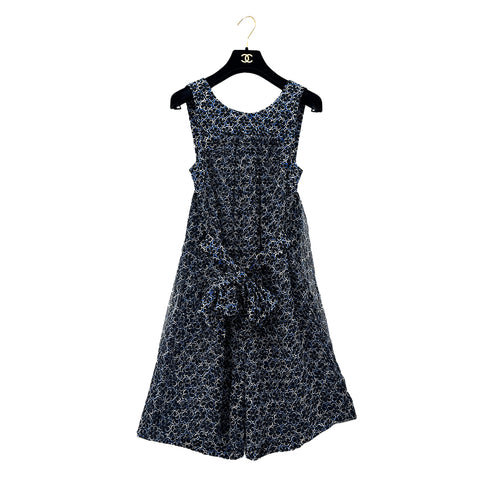 CHANEL FLORAL SLEEVELESS ROMPER COCO BUTTON RIBBON BELT BLUE SILK 34 P45 RTW 90289574