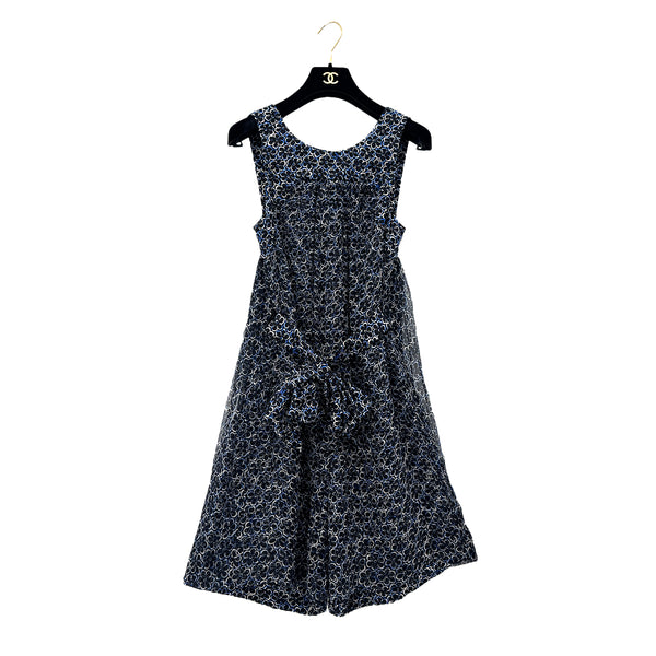 CHANEL FLORAL SLEEVELESS ROMPER COCO BUTTON RIBBON BELT BLUE SILK 34 P45 RTW 90289574