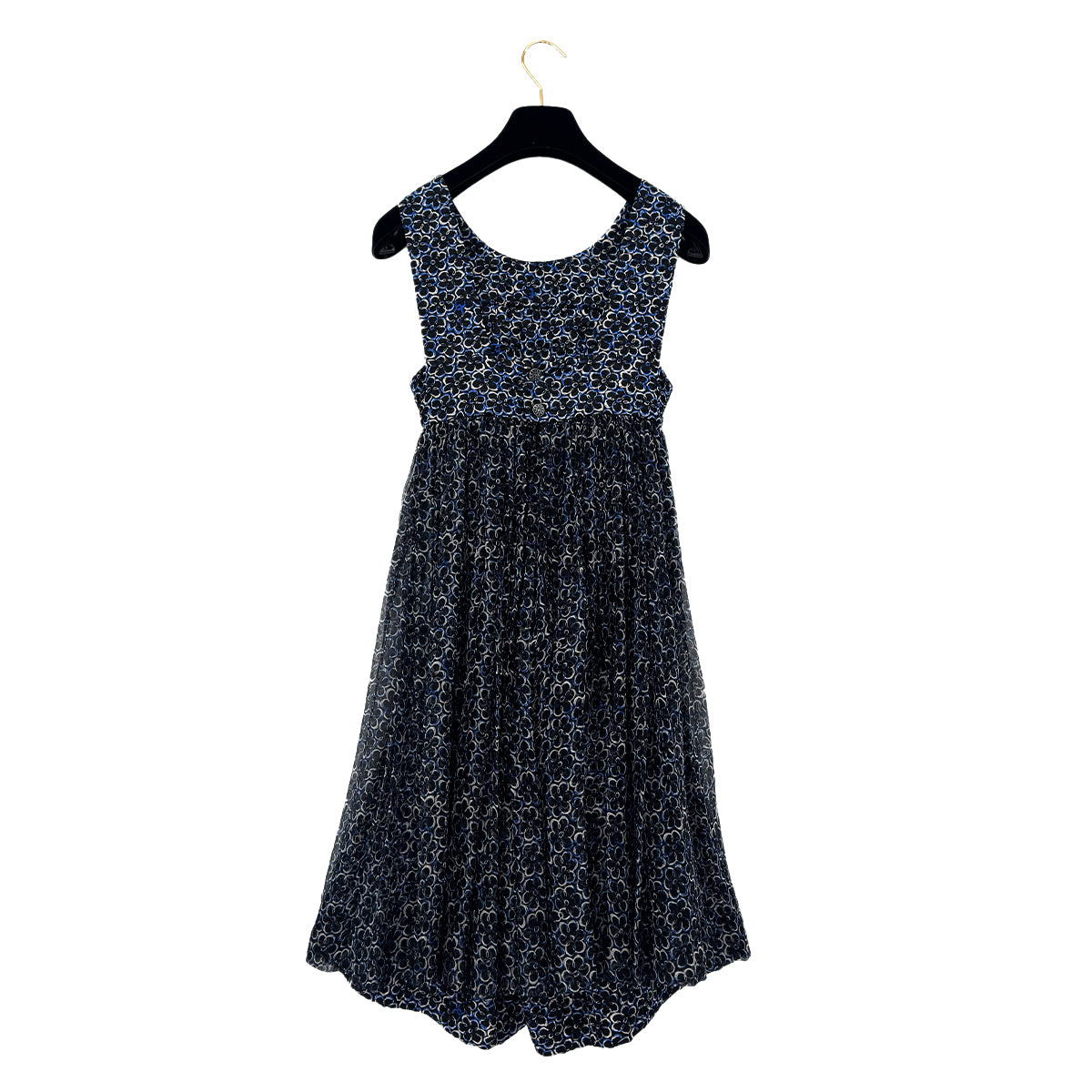 CHANEL FLORAL SLEEVELESS ROMPER COCO BUTTON RIBBON BELT BLUE SILK 34 P45 RTW 90289574