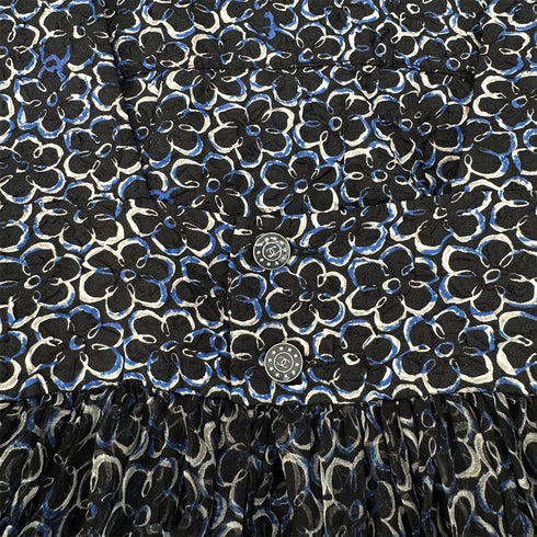 CHANEL FLORAL SLEEVELESS ROMPER COCO BUTTON RIBBON BELT BLUE SILK 34 P45 RTW 90289574