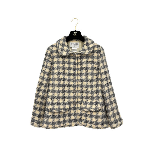 CHANEL COCO BUTTON HOUNDSTOOTH JACKET BEIGE GRAY WOOL 38 98A RTW 90290198