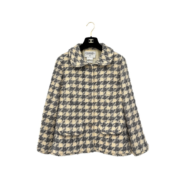CHANEL COCO BUTTON HOUNDSTOOTH JACKET BEIGE GRAY WOOL 38 98A RTW 90290198