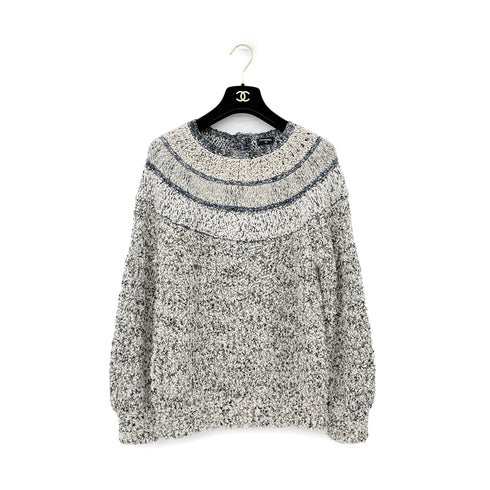 CHANEL METALLIC KNIT TOPS COCO BUTTON WHITE BLUE WOOL 36 P61 RTW 90290203