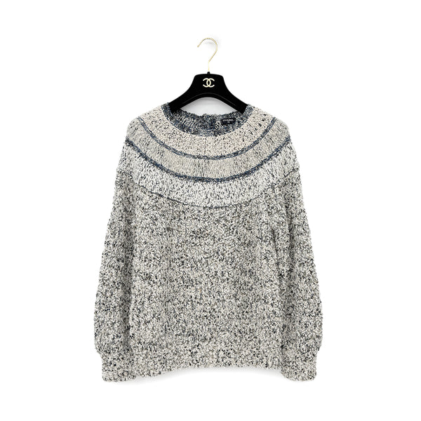 CHANEL METALLIC KNIT TOPS COCO BUTTON WHITE BLUE WOOL 36 P61 RTW 90290203