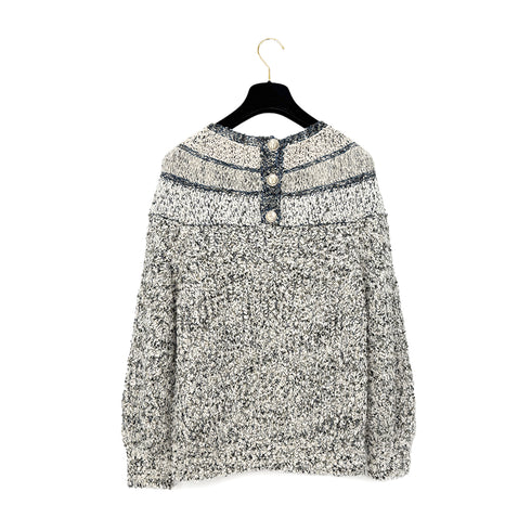 CHANEL METALLIC KNIT TOPS COCO BUTTON WHITE BLUE WOOL 36 P61 RTW 90290203