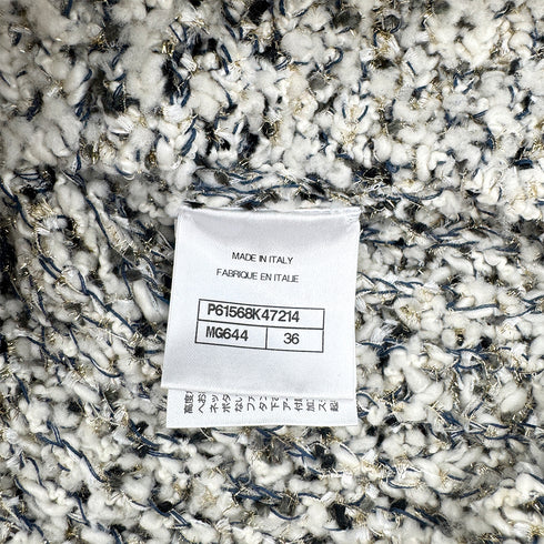 CHANEL METALLIC KNIT TOPS COCO BUTTON WHITE BLUE WOOL 36 P61 RTW 90290203