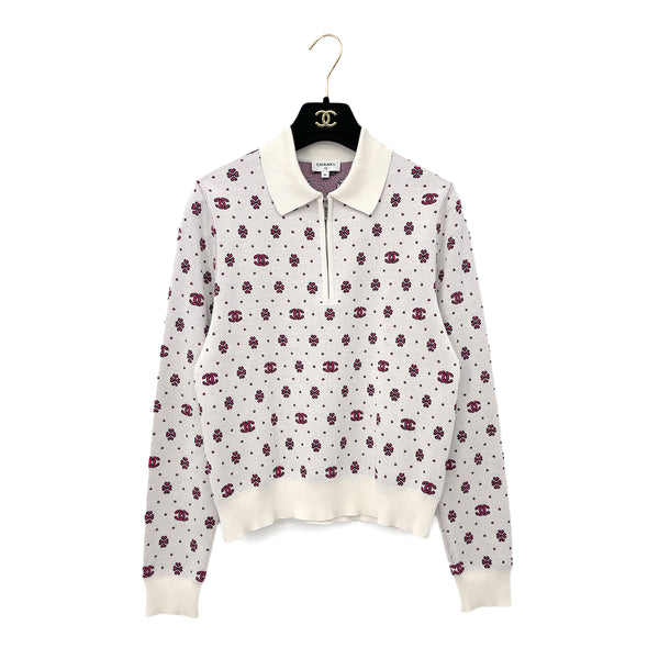 CHANEL COCOMARK LONG SLEEVE HALF ZIP POLO KNIT WHITE PINK SILK 36 P74 RTW 90290204