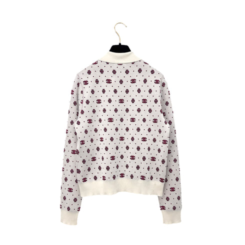 CHANEL COCOMARK LONG SLEEVE HALF ZIP POLO KNIT WHITE PINK SILK 36 P74 RTW 90290204