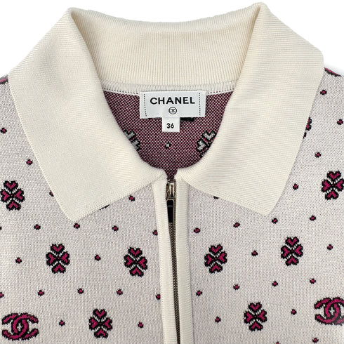 CHANEL COCOMARK LONG SLEEVE HALF ZIP POLO KNIT WHITE PINK SILK 36 P74 RTW 90290204