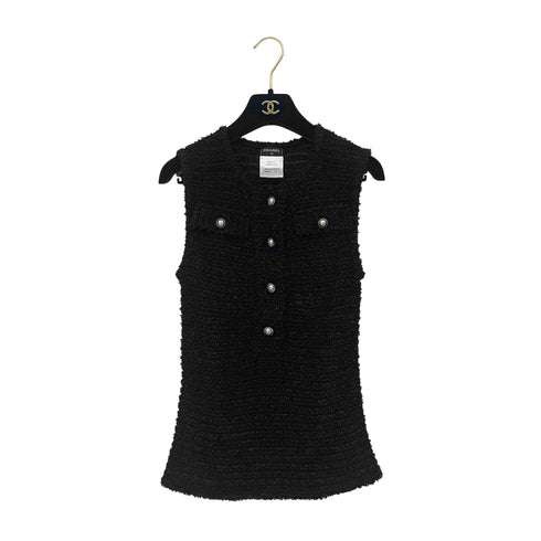CHANEL SLEEVELESS TOPS COCO BUTTON FAUX PEARL BLACK NYLON 38 P46 RTW 90290206 - PURPOSE