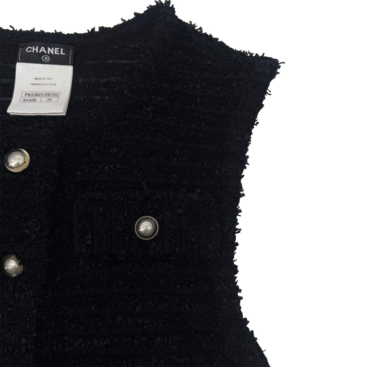 CHANEL SLEEVELESS TOPS COCO BUTTON FAUX PEARL BLACK NYLON 38 P46 RTW 90290206