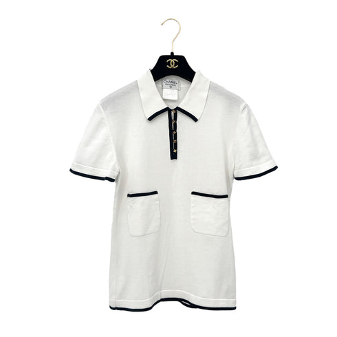 CHANEL VINTAGE COCOBUTTON BICOLOR POLO SHIRT WHITE BLACK COTTON 38 96C RTW 90290210
