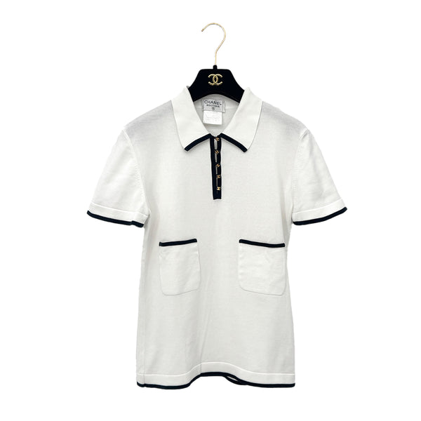 CHANEL VINTAGE COCOBUTTON BICOLOR POLO SHIRT WHITE BLACK COTTON 38 96C RTW 90290210