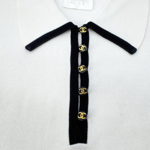 CHANEL VINTAGE COCOBUTTON BICOLOR POLO SHIRT WHITE BLACK COTTON 38 96C RTW 90290210