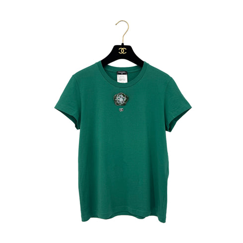 CHANEL SHORT SLEEVE TOPS COCOMARK STAR CORSAGE GREEN COTTON 36 P37 RTW 90290211