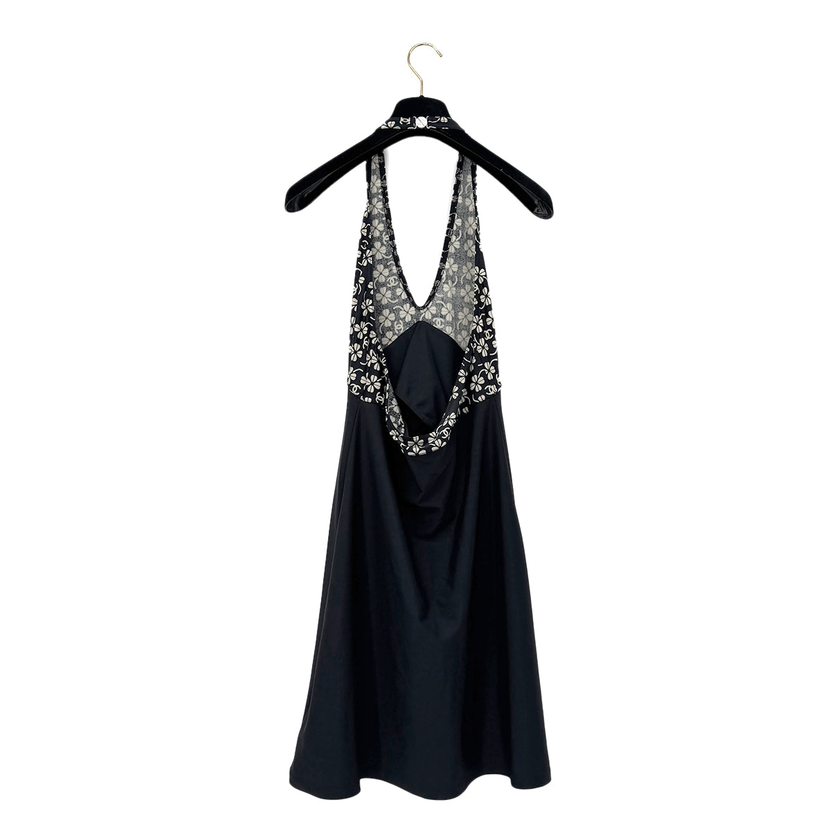 CHANEL COCOMARK CLOVER HALTER NECK SWIM WEAR DRESS BLACK NYLON 42 01P RTW 90290214