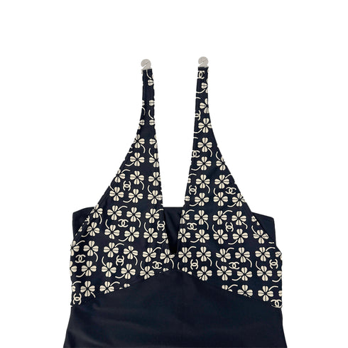 CHANEL COCOMARK CLOVER HALTER NECK SWIM WEAR DRESS BLACK NYLON 42 01P RTW 90290214