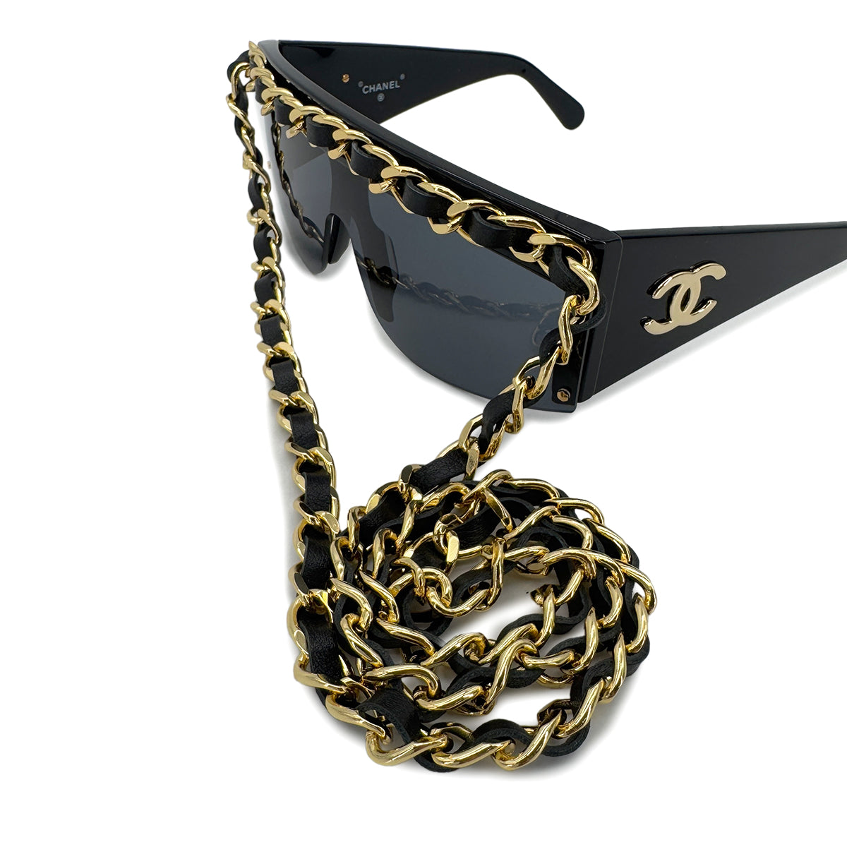 CHANEL CHAIN SUNGLASSES LADY GAGA MODEL COCOMARK BLACK GOLD EYEWEAR 90290294