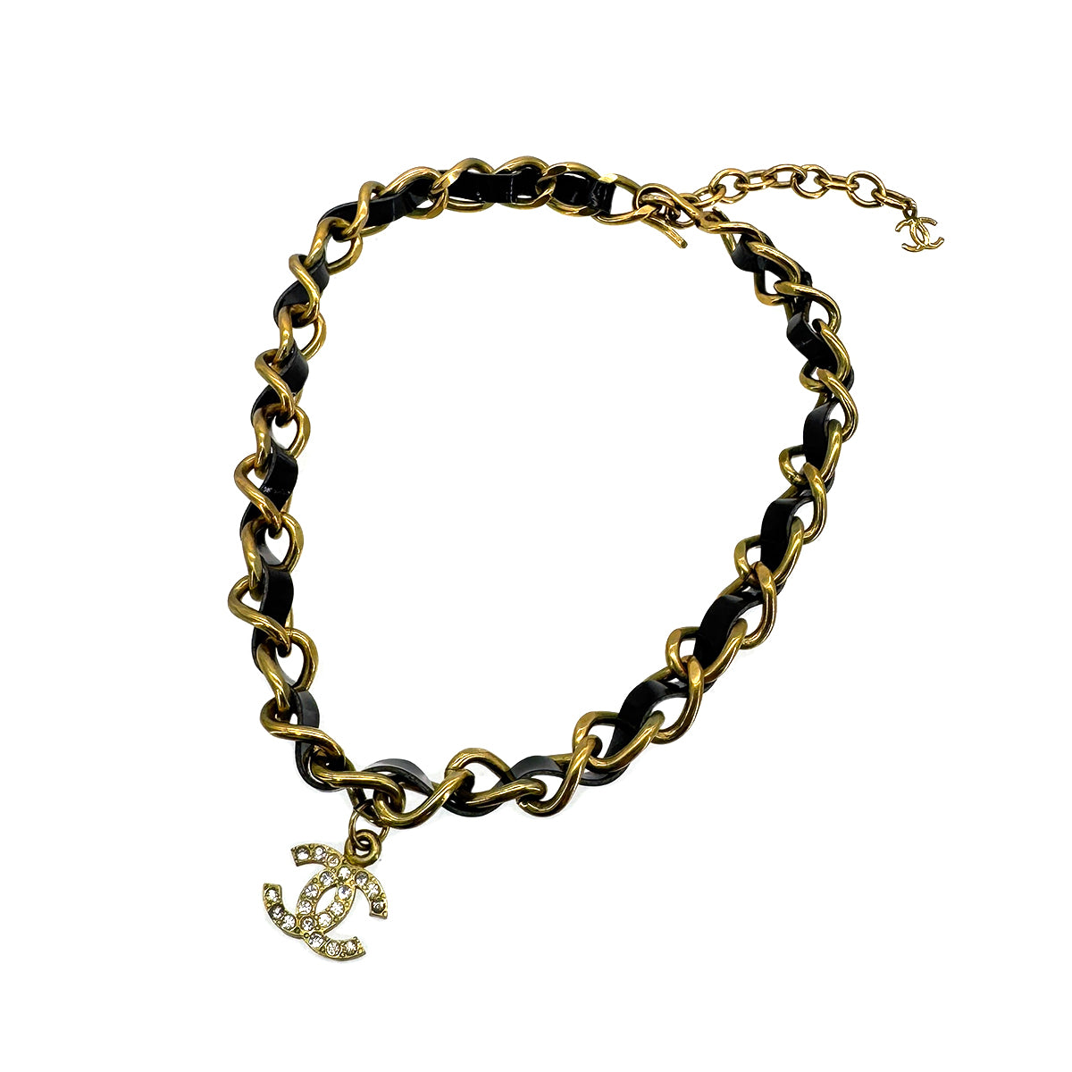 CHANEL VINTAGE COCOMARK RHINESTONE CHAIN NECKLACE LEATHER ACCESSORY 95P 90290304