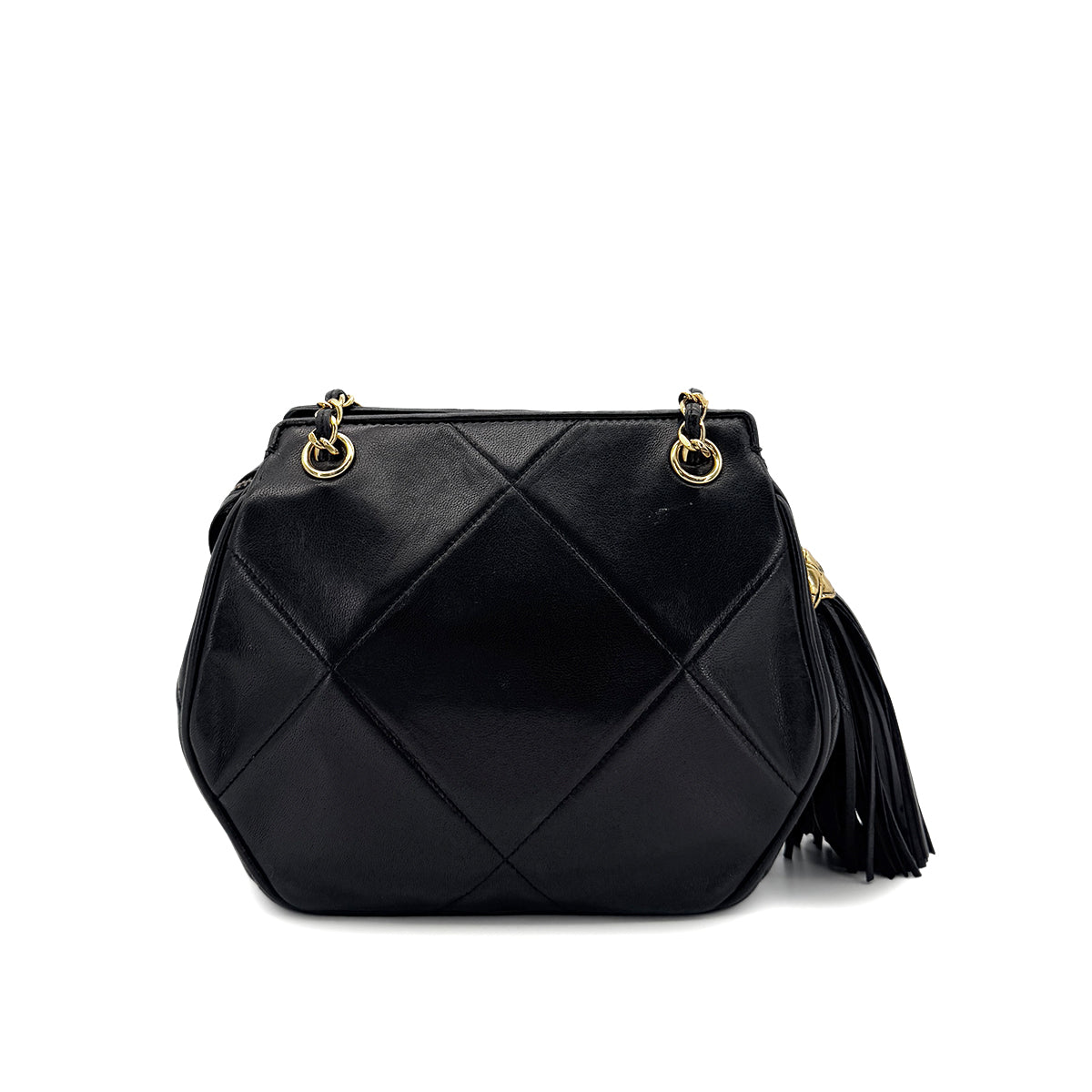 CHANEL VINTAGE MATELASSE FRINGE BIG COCO CHAIN SHOULDER BAG BLACK LAMB SKIN 90290306