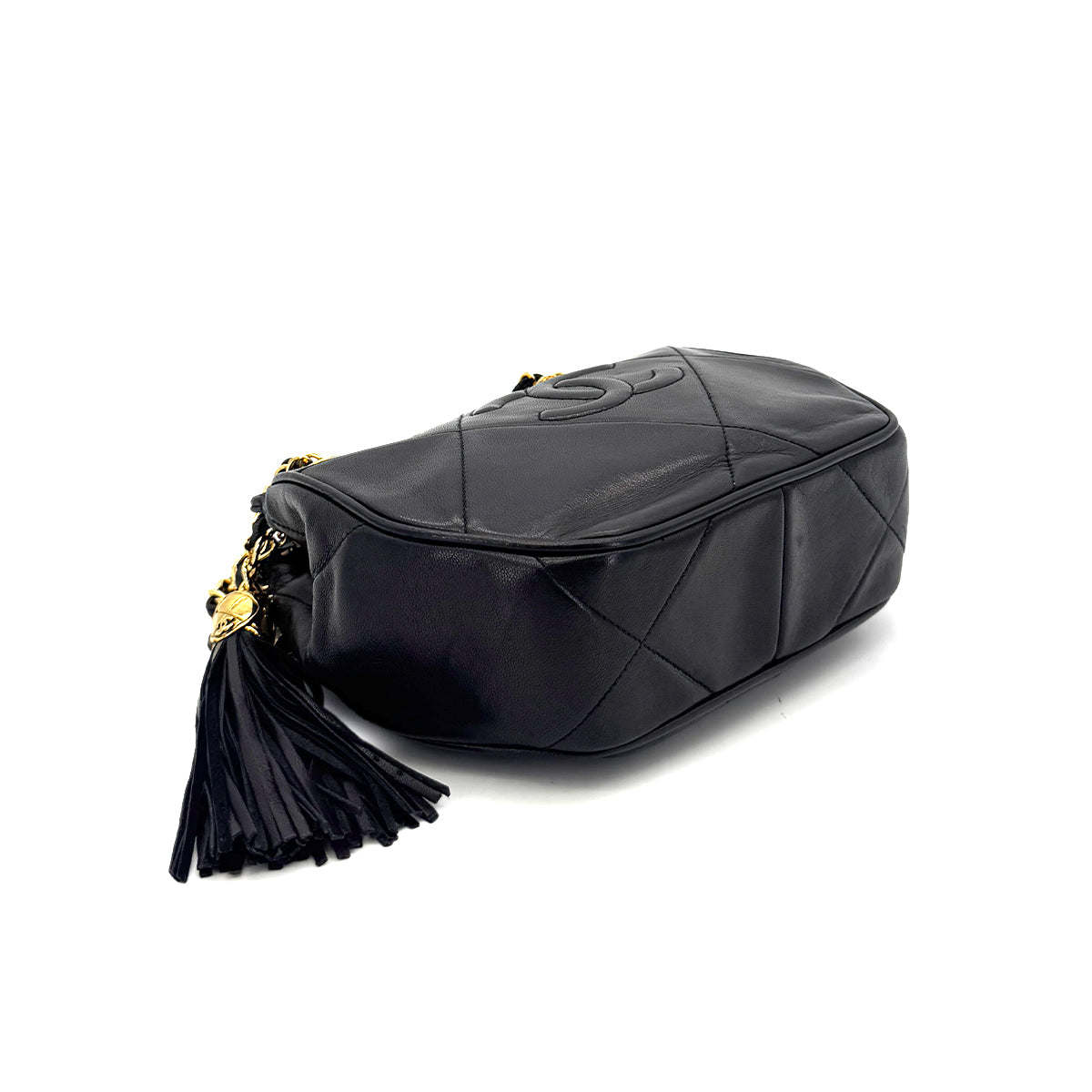 CHANEL VINTAGE MATELASSE FRINGE BIG COCO CHAIN SHOULDER BAG BLACK LAMB SKIN 90290306