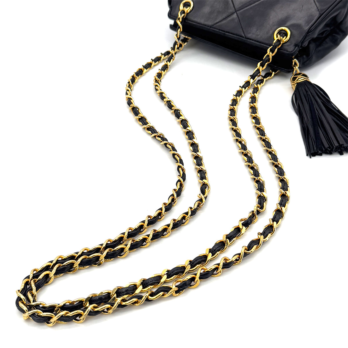 CHANEL VINTAGE MATELASSE FRINGE BIG COCO CHAIN SHOULDER BAG BLACK LAMB SKIN 90290306