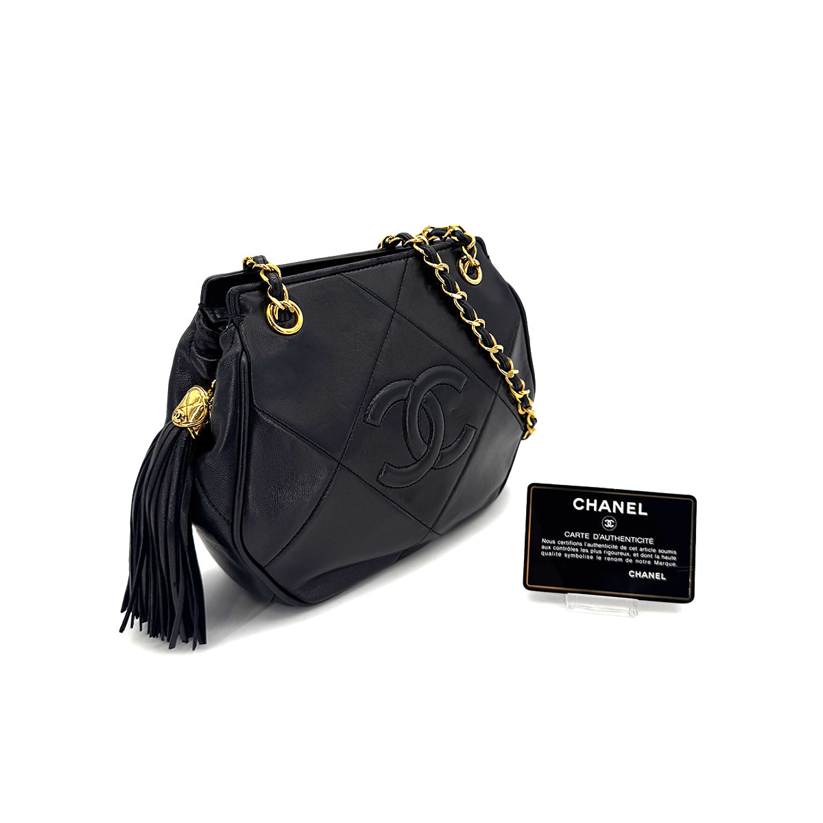 CHANEL VINTAGE MATELASSE FRINGE BIG COCO CHAIN SHOULDER BAG BLACK LAMB SKIN 90290306