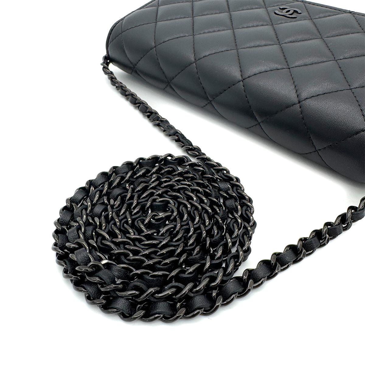 CHANEL MATELASSE CHAIN WALLET BLACK LAMB SKIN 90290311