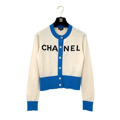 CHANEL 2019 SS FRONT LOGO CARDIGAN IVORY BLUE CASHMERE 36 P61 RTW 90290317