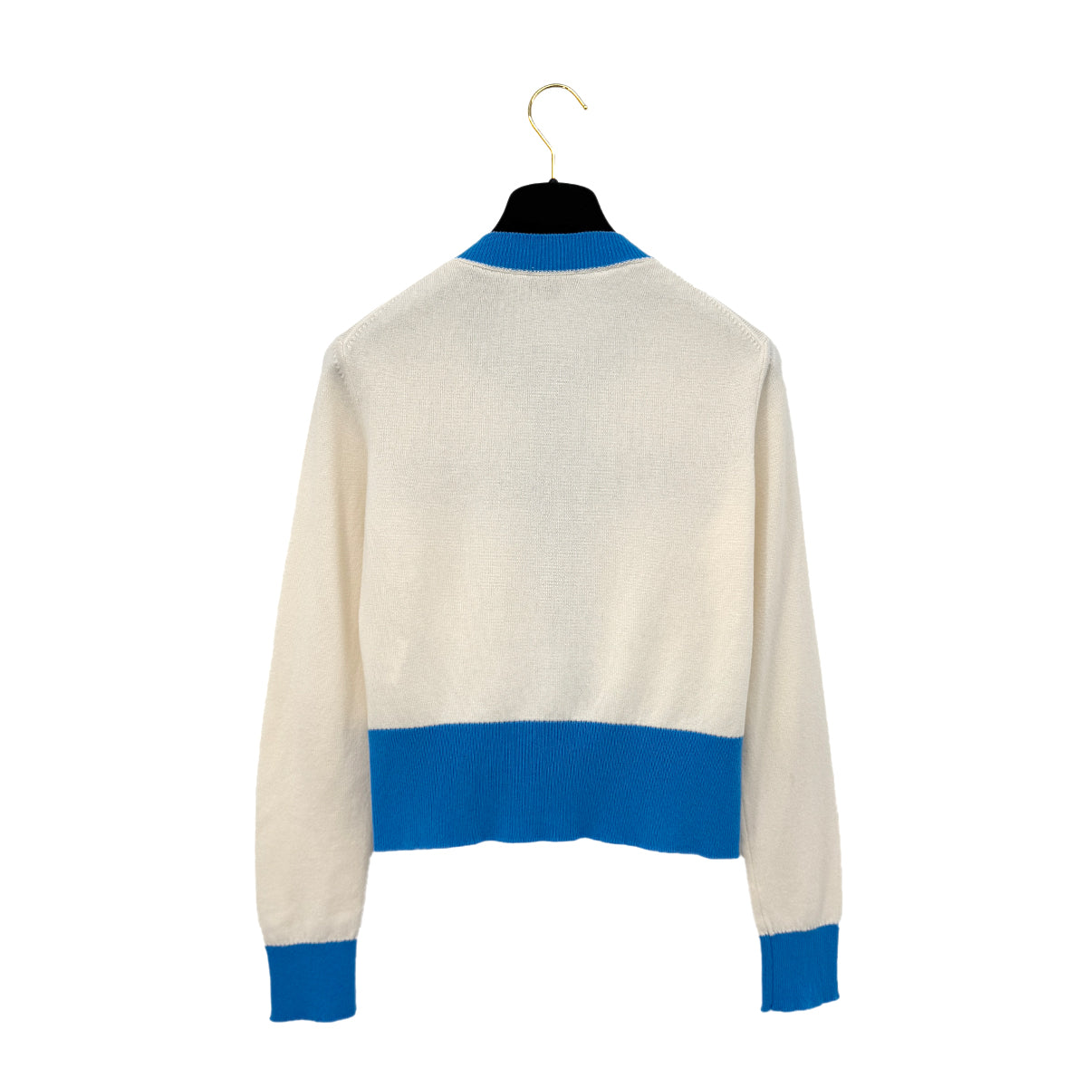 CHANEL 2019 SS FRONT LOGO CARDIGAN IVORY BLUE CASHMERE 36 P61 RTW 90290317