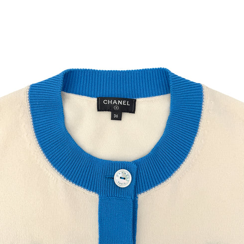 CHANEL 2019 SS FRONT LOGO CARDIGAN IVORY BLUE CASHMERE 36 P61 RTW 90290317