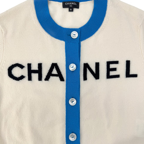 CHANEL 2019 SS FRONT LOGO CARDIGAN IVORY BLUE CASHMERE 36 P61 RTW 90290317