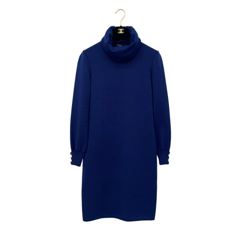 CHANEL VINTAGE KNIT LONG SLEEVE DRESS COCO BUTTON BLUE WOOL 36 RTW 90290320 - PURPOSE
